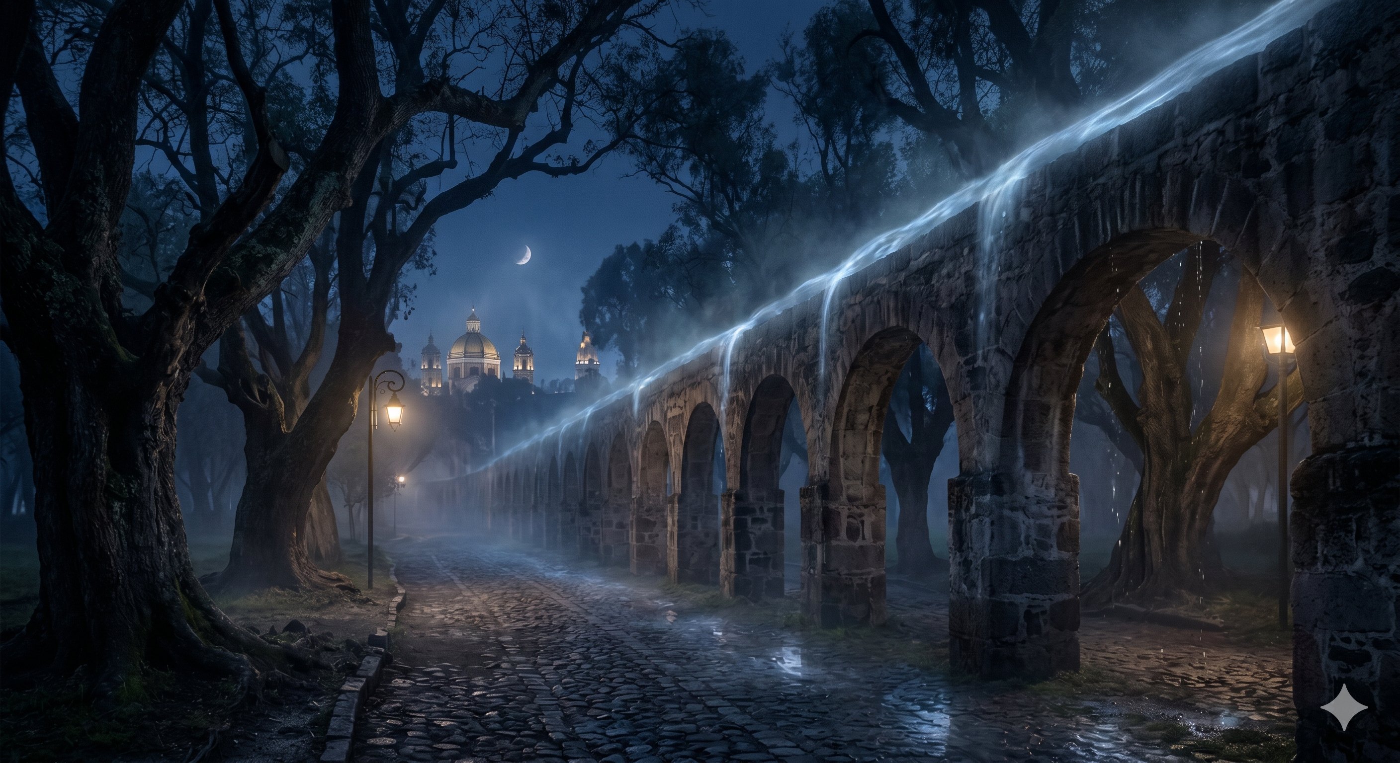 Imagen de contexto para El agua que no deja la Villa en Gustavo A. Madero, Ciudad de México. Escena editorial de El agua que no deja la Villa en Acueducto de Guadalupe, Gustavo A. Madero: arcos coloniales que parecen seguir conduciendo agua en noches secas.