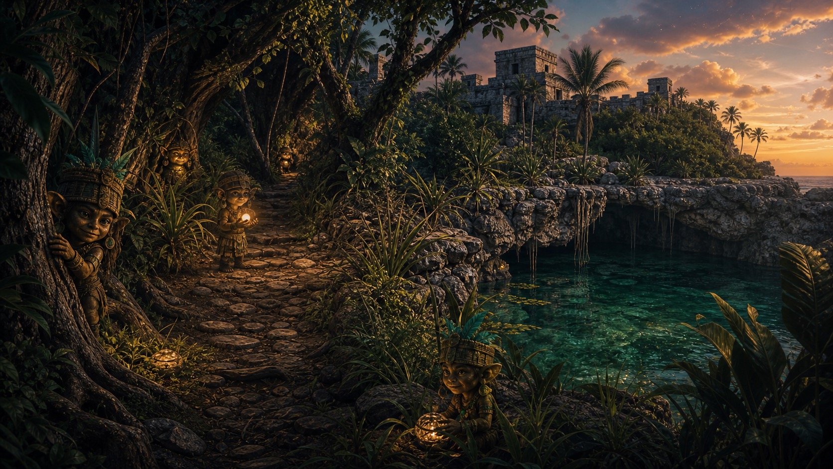 Imagen de contexto para Los Aluxes de Tulum en Tulum, Quintana Roo. Pequeños guardianes mayas se insinúan entre ruinas, selva y cenotes, observando al visitante desde la sombra fresca del Caribe.
