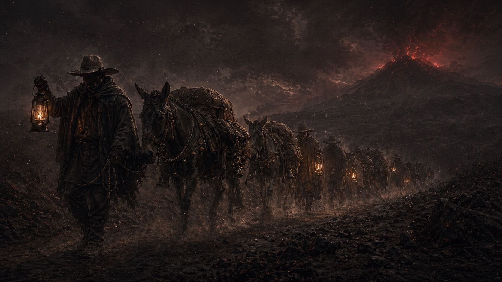 Ilustracion de contexto para La Procesión de los Arrieros en Ozumba, Estado de México. Una recua espectral de arrieros y mulas con cascabeles avanza por un camino de ceniza en la noche, apenas visible entre polvo y faroles.