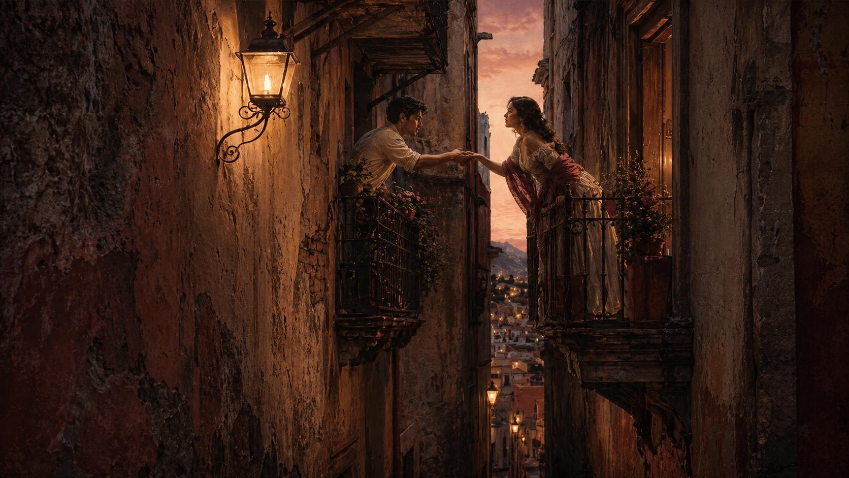 Ilustracion de contexto para El Callejón del Beso en Guanajuato, Guanajuato. Una pareja suspendida en un balcón angosto, en una escena de intimidad contenida y fatalidad barroca.