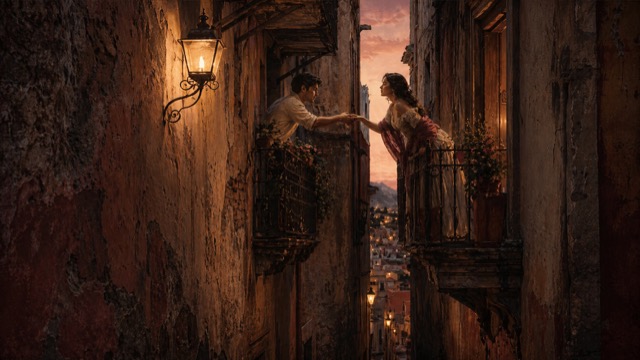 Imagen de contexto para El Callejón del Beso en Guanajuato, Guanajuato. Una pareja suspendida en un balcón angosto, en una escena de intimidad contenida y fatalidad barroca.