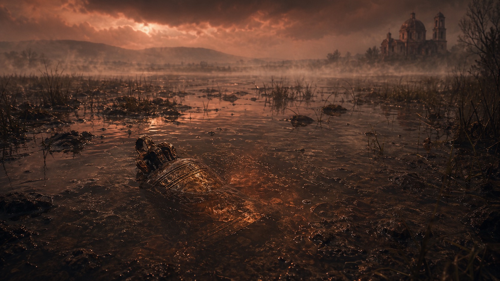 Ilustracion de contexto para La Campana Sumergida del Lago en Texcoco, Estado de México. Tierra humeda del antiguo lago con una campana semienterrada brillando bajo agua somera, niebla lacustre y memoria hundida.