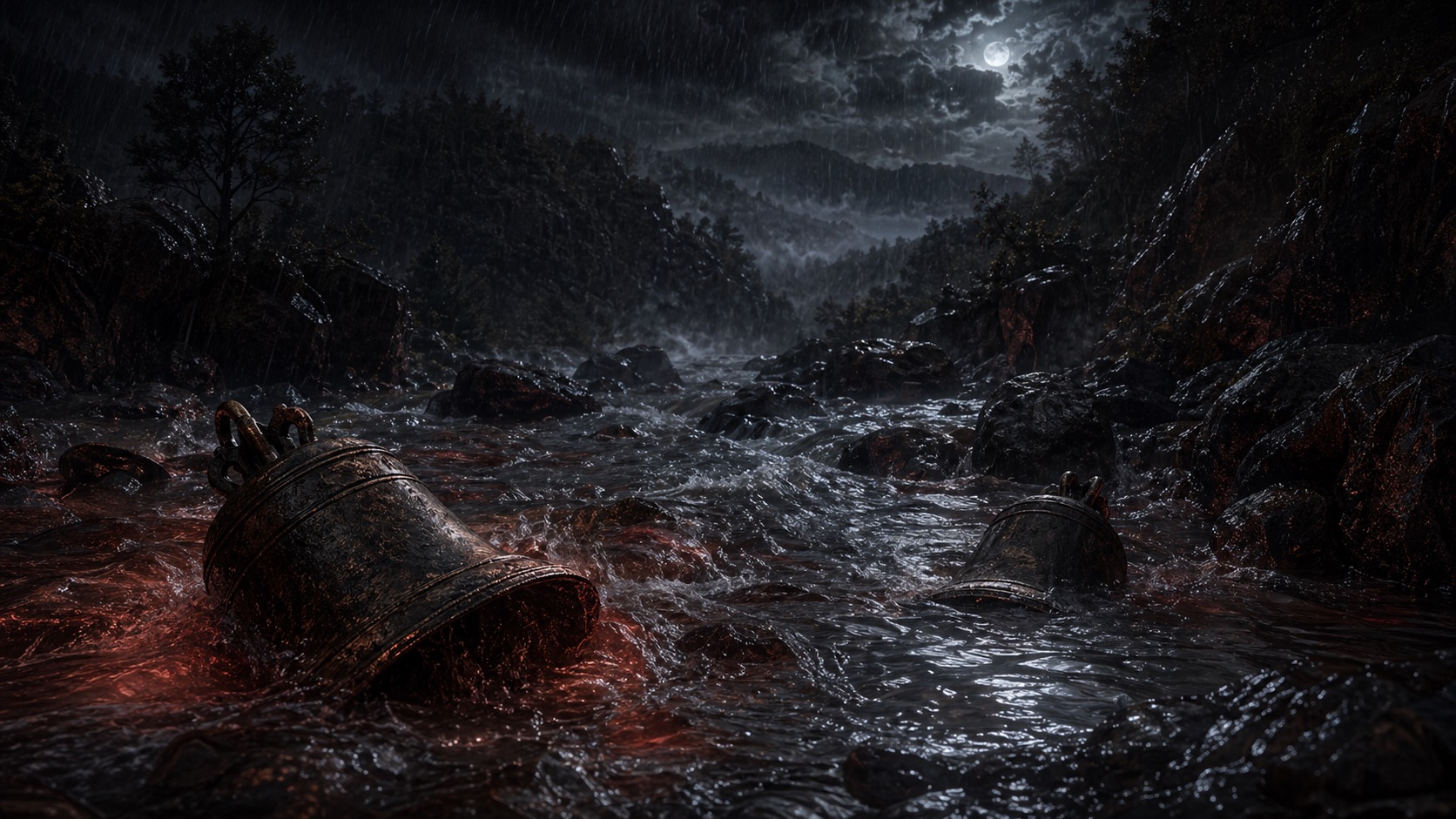 Ilustracion de contexto para Las Campanas del Río Frío en Tlalmanalco, Estado de México. Un cauce de montaña bajo lluvia nocturna donde campanas sumergidas parecen sonar entre piedras negras y corrientes crecidas.