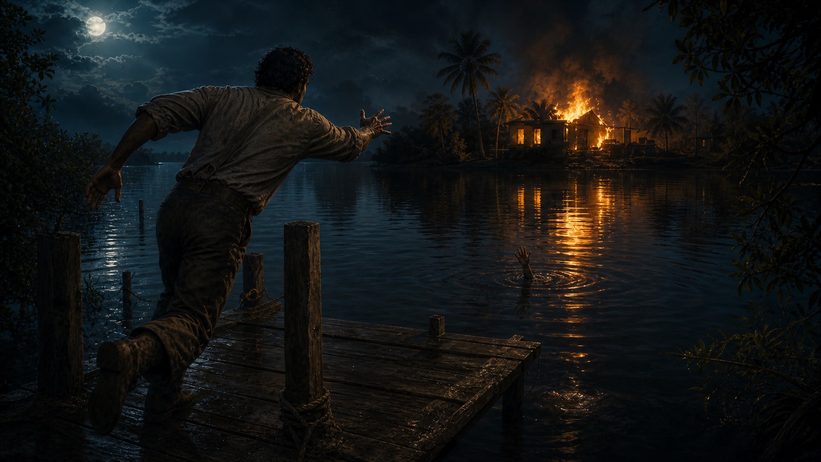 Imagen de contexto para El Carpintero de la Laguna en Tampico, Tamaulipas. Una laguna nocturna con reflejos de incendio distante, un hombre en esfuerzo desesperado y el agua guardando memoria del sacrificio.