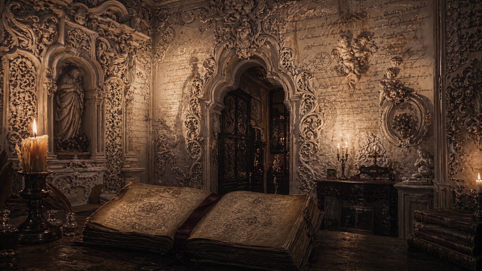 Ilustracion de contexto para El Grimorio de la Casa del Alfeñique en Puebla de Zaragoza, Puebla. Una página iluminada y barroca que sugiere un saber cifrado, entre yesería, mapa y escritura secreta.