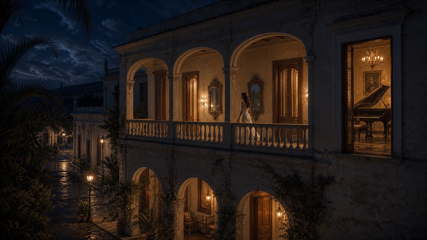 Imagen de contexto para La Casa de las Delicias en Álamos, Sonora. Una casona colonial sonorense iluminada desde adentro por una figura blanca que cruza balcones y espejos como si siguiera habitándola.