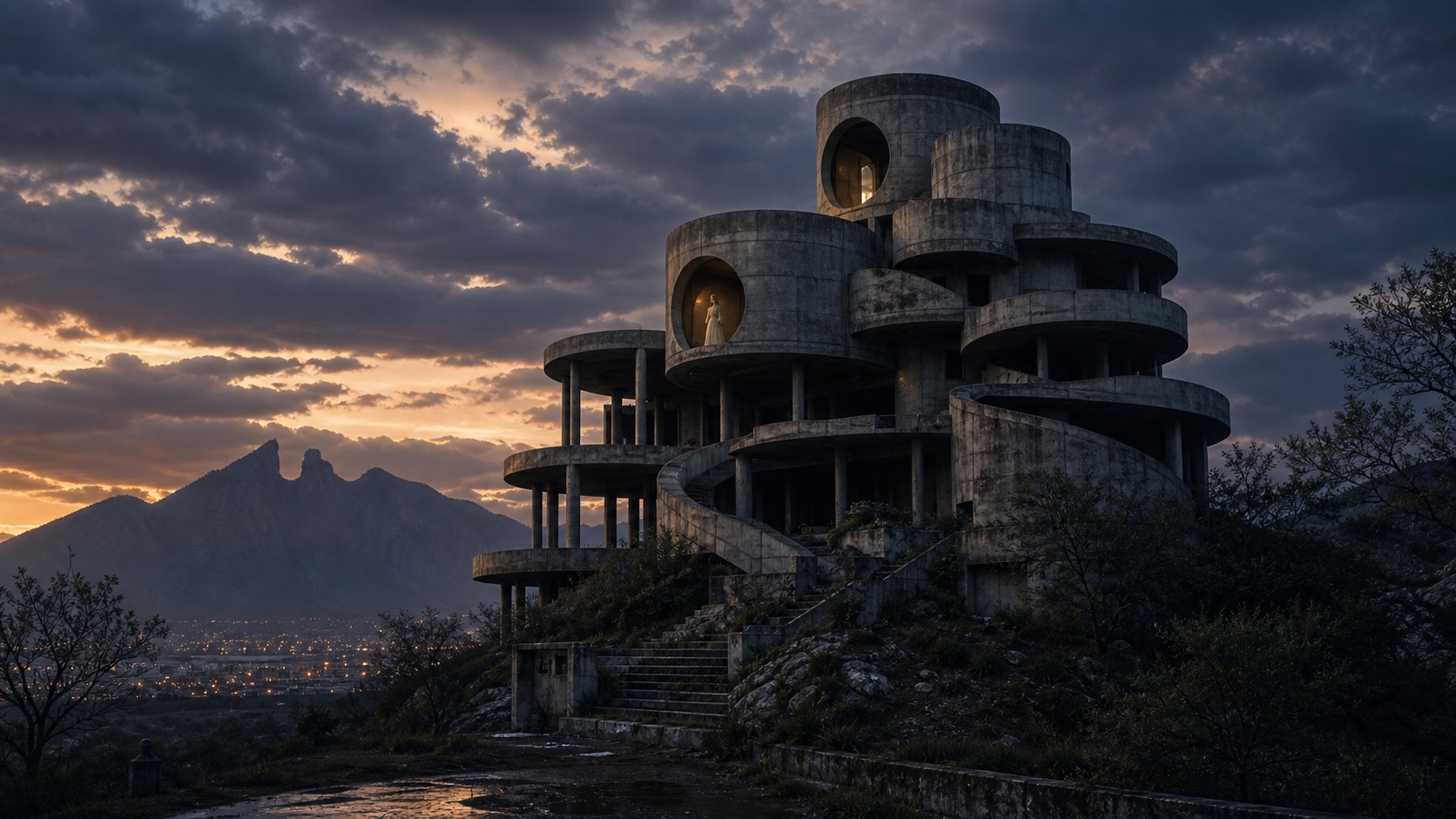 Imagen de contexto para La Casa de los Tubos en Monterrey, Nuevo León. Una casa cilíndrica inacabada recortada contra el cielo regio, con ventanas vacías y una tristeza doméstica convertida en arquitectura.