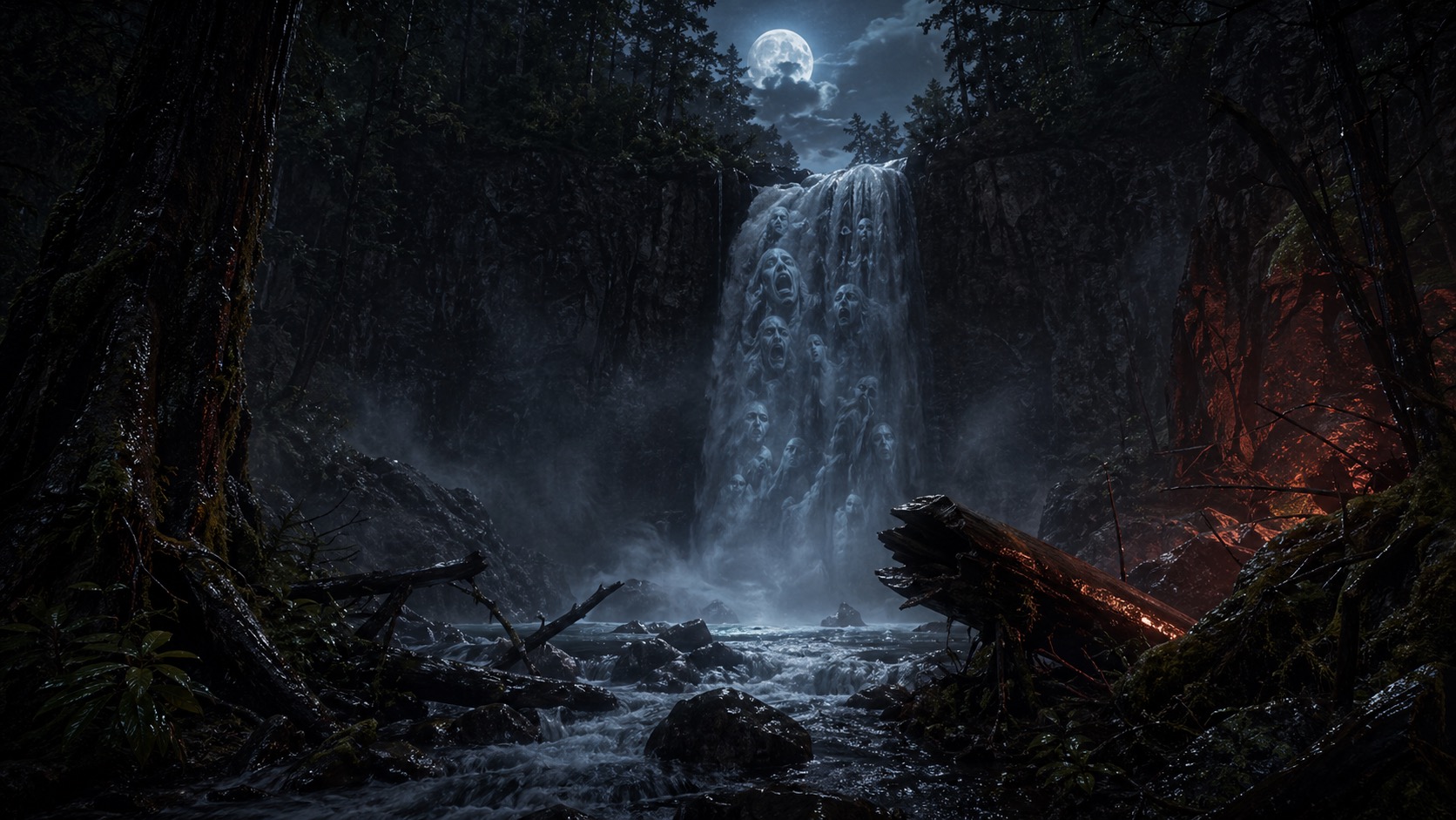 Ilustracion de contexto para La Cascada de los Lamentos en Tlalmanalco, Estado de México. Una cascada nocturna entre bosque espeso, convertida en coro de voces y bruma, con troncos humedos y un resplandor lunar inquietante.