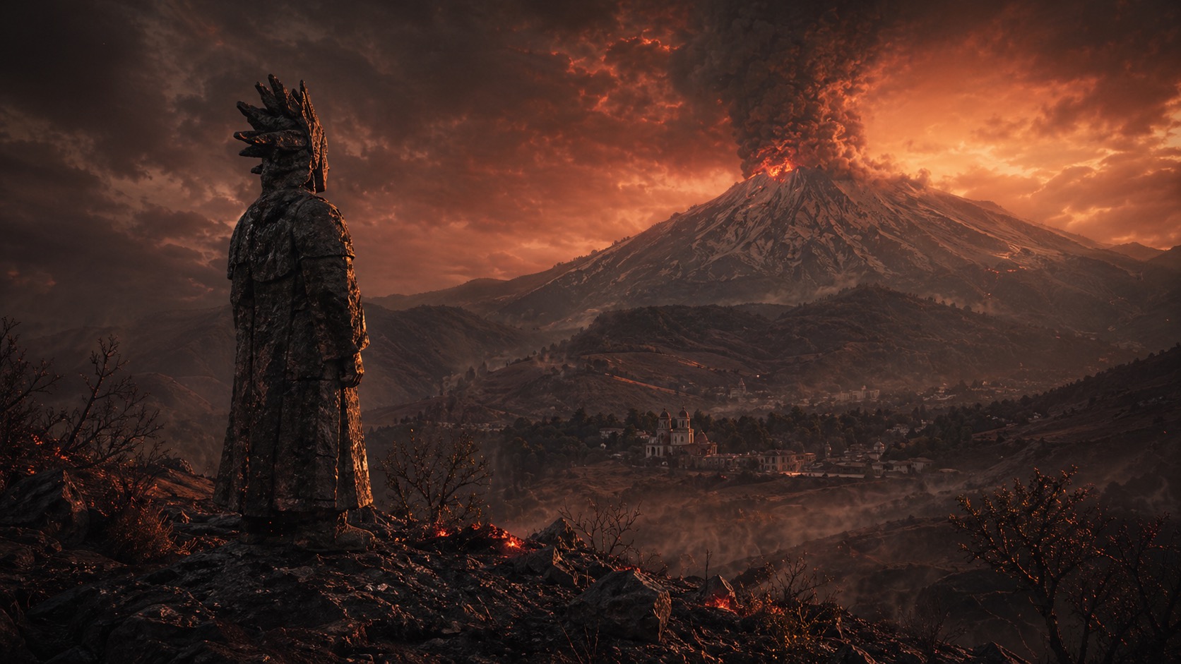Ilustracion de contexto para El Centinela de Ceniza en Atlaultla, Estado de México. Una figura inmovil recortada sobre lomas cubiertas de ceniza frente al volcan, vigilando el valle como guardian de piedra y humo.