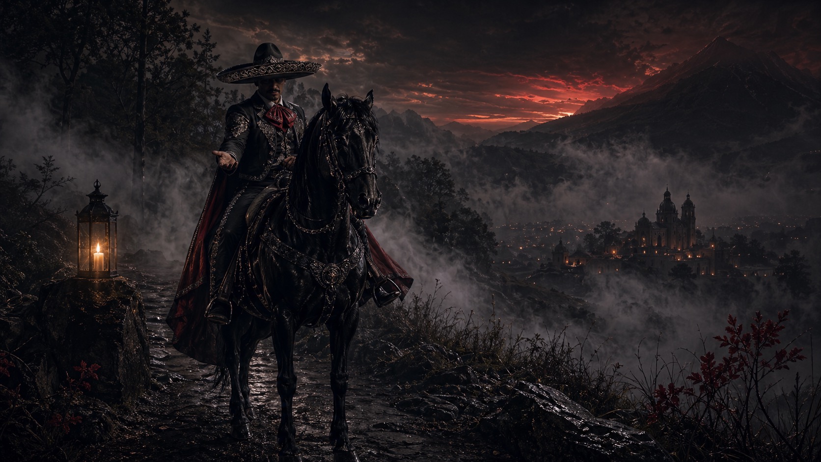 Ilustracion de contexto para El Charro de la Neblina en Atlaultla, Estado de México. Un charro elegante emerge de la bruma con caballo brillante y gesto tentador en una vereda serrana al anochecer.