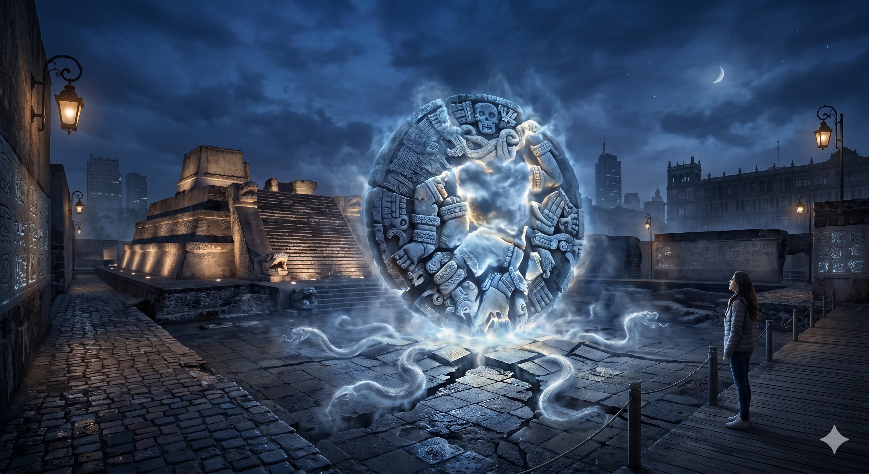 Imagen de contexto para La luna rota del Templo Mayor en Cuauhtémoc, Ciudad de México. Escena editorial de La luna rota del Templo Mayor en Seminario 8, Centro Histórico, Cuauhtémoc: una diosa lunar fragmentada que convierte la excavacion en presagio y memoria.