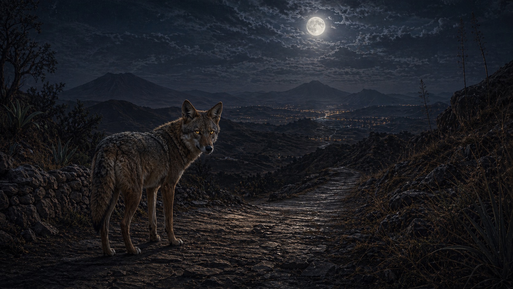 Ilustracion de contexto para El Coyote del Camino Viejo en Nepantla, Estado de México. Una escena de tránsito nocturno donde la figura animal parece guardar un conocimiento oculto.