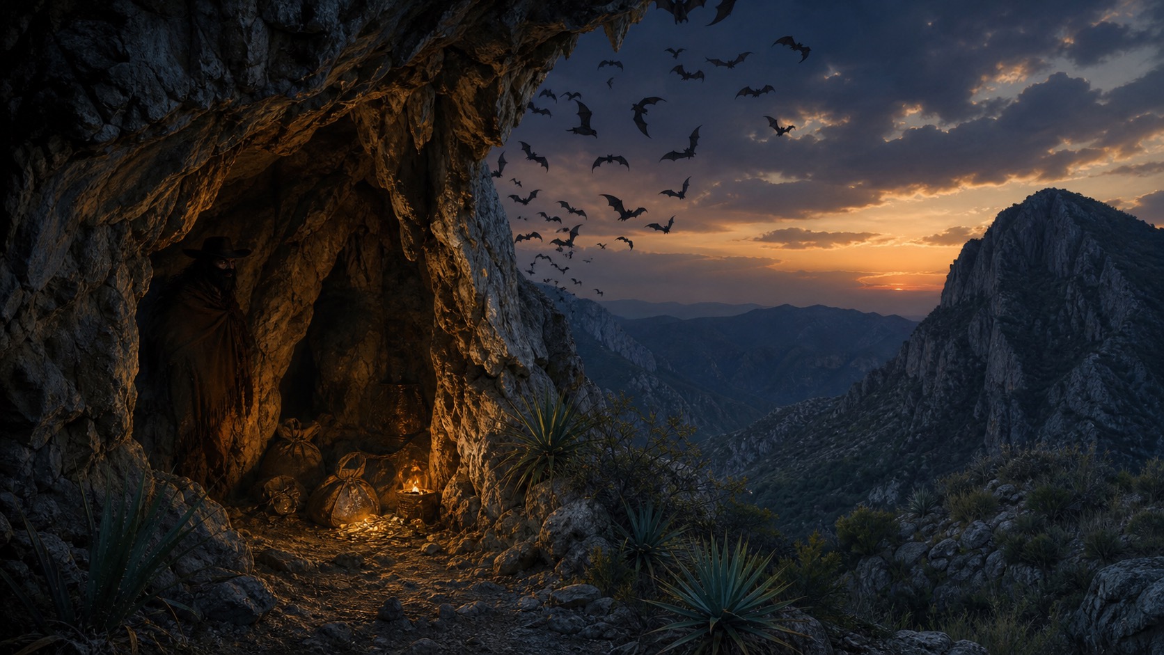 Imagen de contexto para La Cueva de Agapito Treviño en Santiago, Nuevo León. Una cueva caliza abierta en la sierra, con murciélagos, reflejos de oro y la silueta vigilante de un forajido convertido en leyenda.