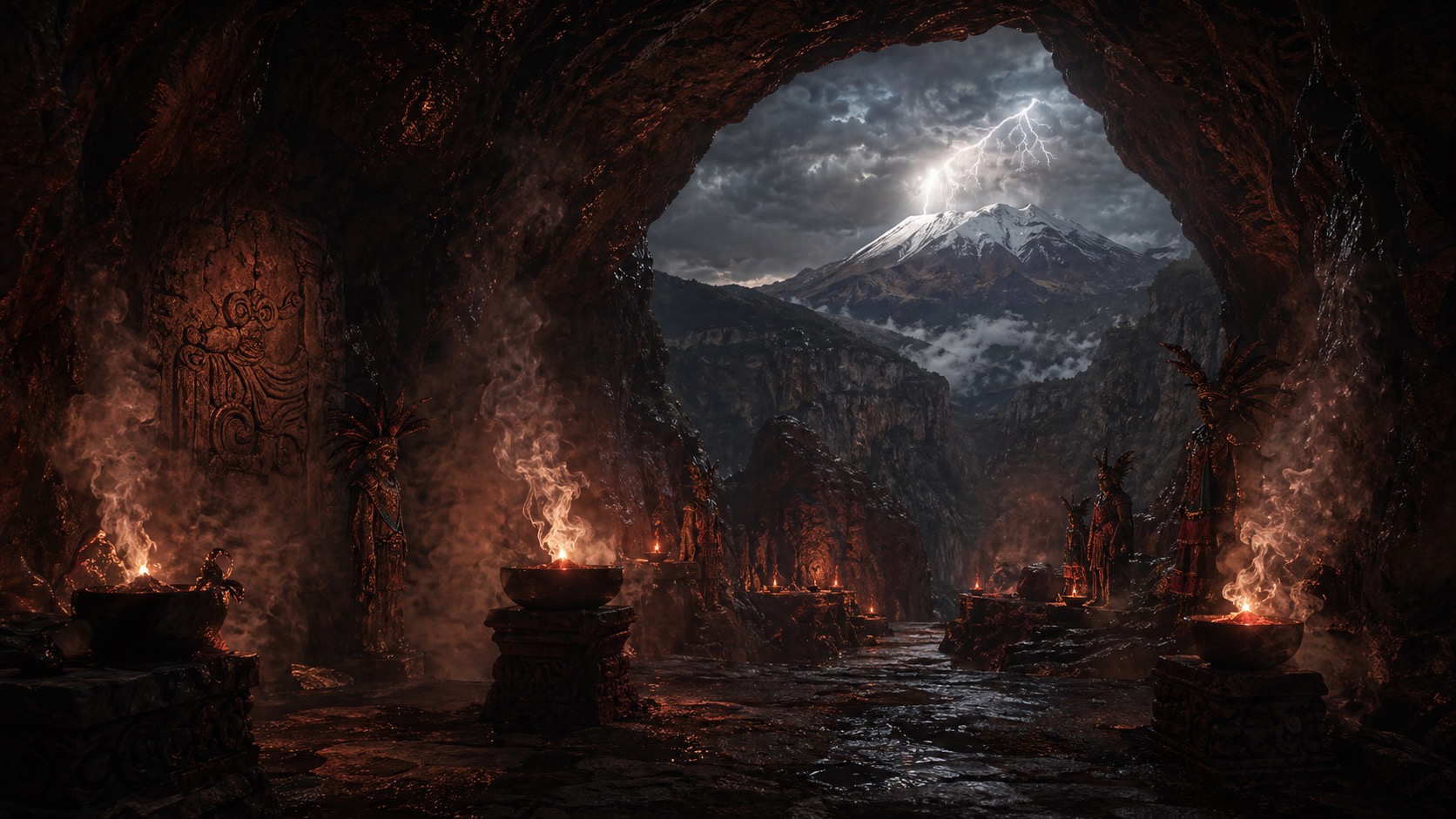 Ilustracion de contexto para La Cueva de los Tlamacazque en Amecameca, Estado de México. Una cueva ceremonial abierta en la barranca, con humo de copal, relampagos sobre Iztaccihuatl y ecos de sacerdotes invisibles.