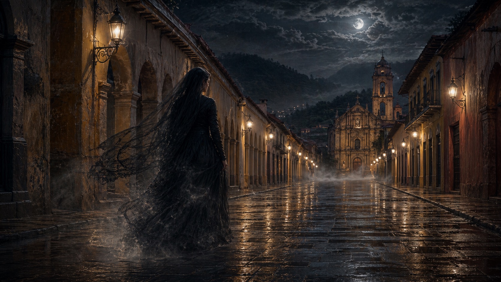 Ilustracion de contexto para La Dama de Negro en San Cristóbal de las Casas, Chiapas. Un duelo femenino contenido en ropa negra, con gesto quieto y atmósfera de calle colonial vacía.
