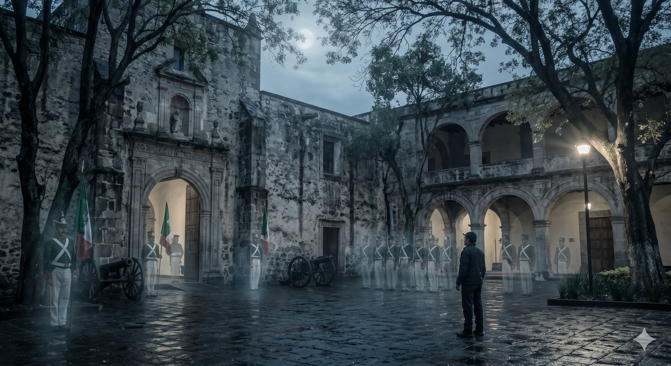 Imagen de contexto para Los defensores que rondan Churubusco en Coyoacán, Ciudad de México. Escena editorial de Los defensores que rondan Churubusco en Monumento a los Defensores de Churubusco, Coyoacán: soldados que aún forman guardia cerca del antiguo convento cuando se humedece la piedra.