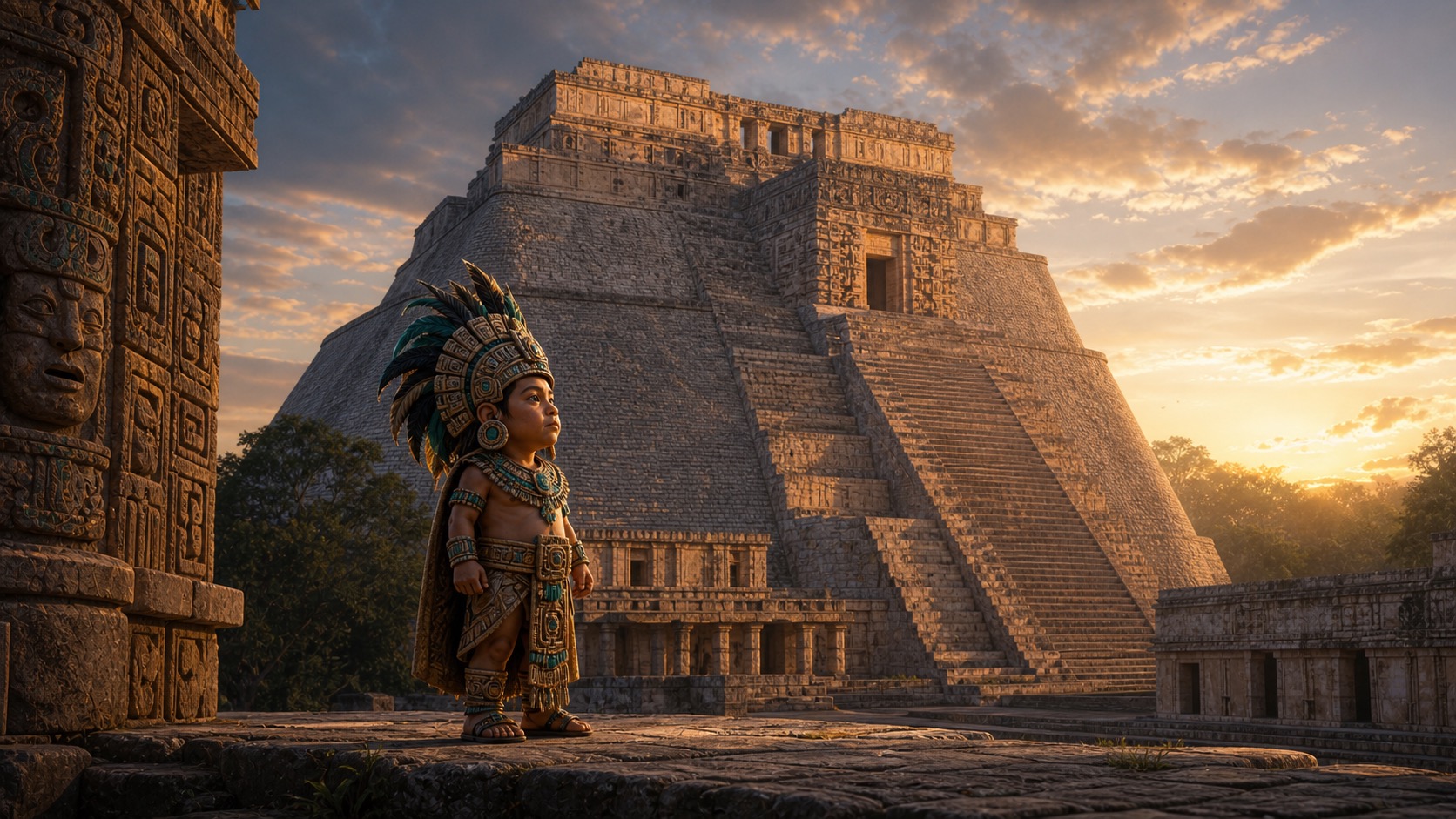 Imagen de contexto para El Enano de Uxmal en Uxmal, Yucatán. Un pequeño gobernante mítico alza una obra prodigiosa entre plataformas mayas, piedra dorada y cielo vasto del Puuc.