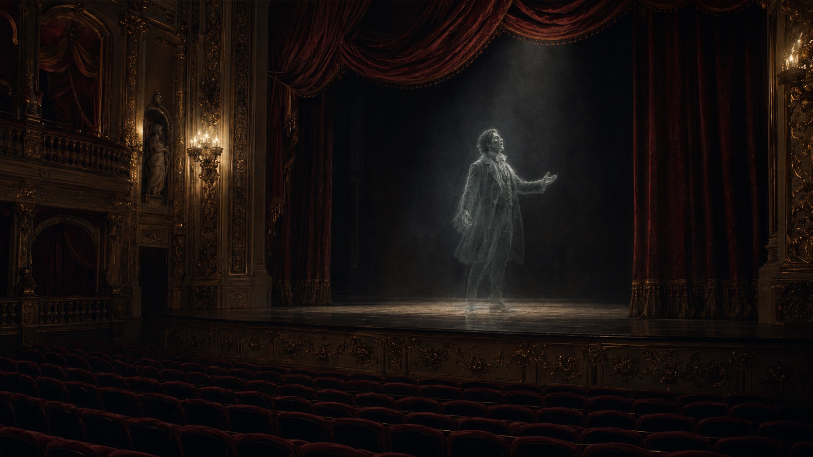 Ilustracion de contexto para El Fantasma del Teatro Degollado en Guadalajara, Jalisco. Una silueta teatral aparece entre cortinajes y dorados, como si el escenario aún respirara una voz perdida.