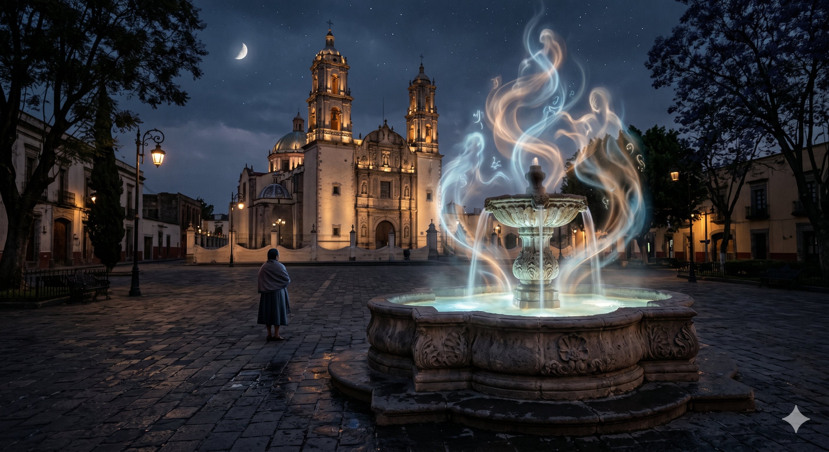 Imagen de contexto para La fuente que murmura en San Ángel en Álvaro Obregón, Ciudad de México. Escena editorial de La fuente que murmura en San Ángel en Avenida Revolución y Plaza del Carmen, Álvaro Obregón: un rumor de agua que parece repetir nombres antiguos cuando la plaza queda sola.