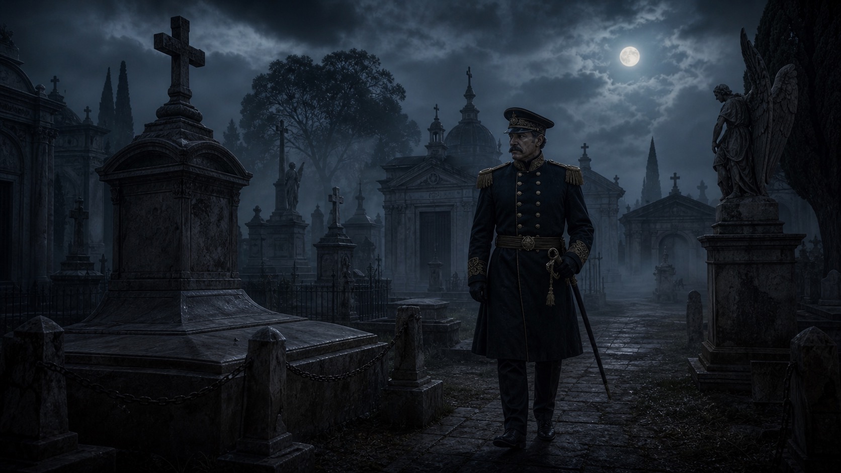 Imagen de contexto para El General Miramontes de La Soledad en Toluca, Estado de México. Un militar decimonónico recorre un panteón envuelto en neblina, con sable, lápidas antiguas y una autoridad que no acaba ni muerto.