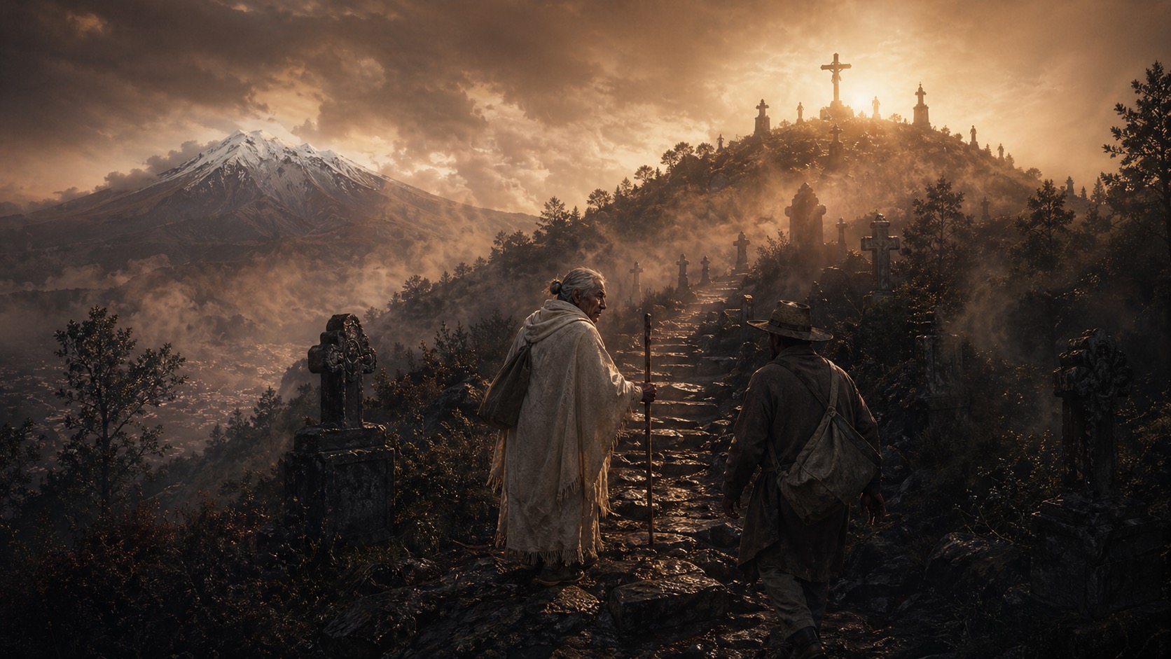 Ilustracion de contexto para El Guardián del Sacromonte en Amecameca, Estado de México. Un anciano de manta blanca en la subida del Sacromonte, entre cruces de piedra y neblina, guiando a un viajero perdido.