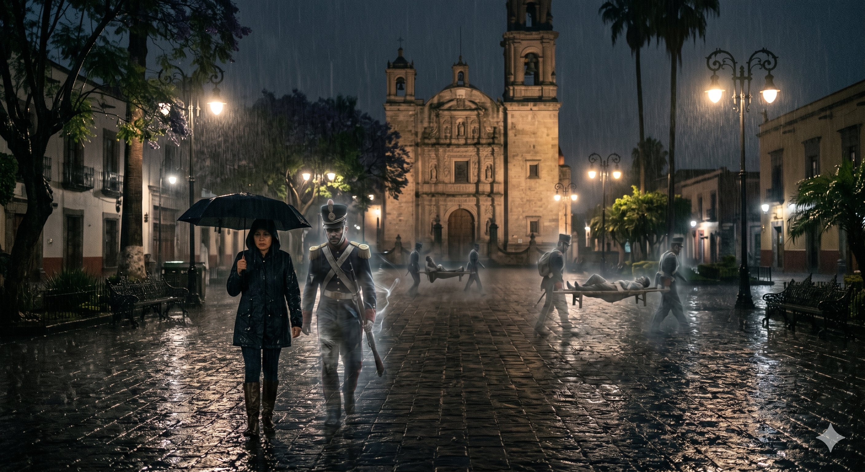 Imagen de contexto para El hospital invisible de San Jacinto en Álvaro Obregón, Ciudad de México. Escena editorial de El hospital invisible de San Jacinto en Plaza San Jacinto, Álvaro Obregón: camillas, pasos y voces de soldados heridos que la plaza recuerda en noches de lluvia.