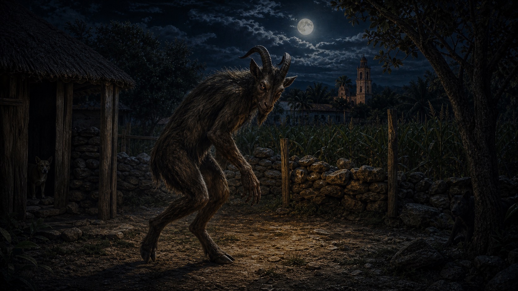Imagen de contexto para El Huay Chivo de Valladolid en Valladolid, Yucatán. Una criatura de mirada humana y cuerpo animal cruza milpas y cercas de piedra al borde de la noche en el oriente yucateco.