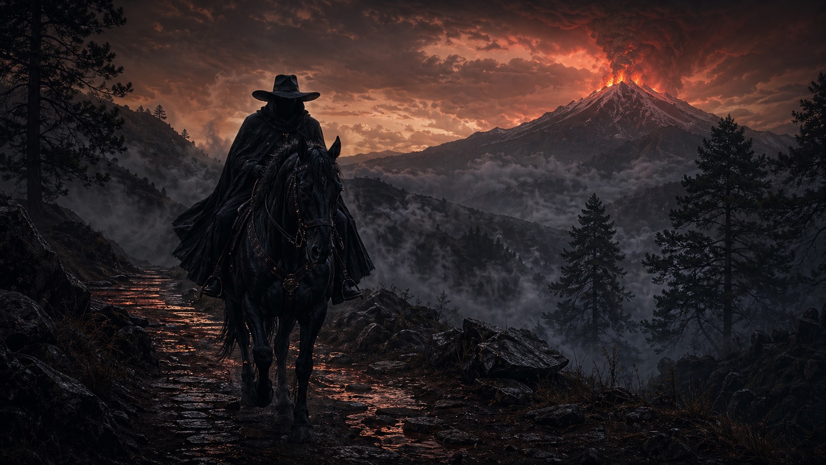Ilustracion de contexto para El Jinete del Paso de Cortés en Amecameca, Estado de México. Un jinete sin rostro en caballo negro cruzando el Paso de Cortes entre niebla densa, pinos altos y resplandores del Popocatepetl.