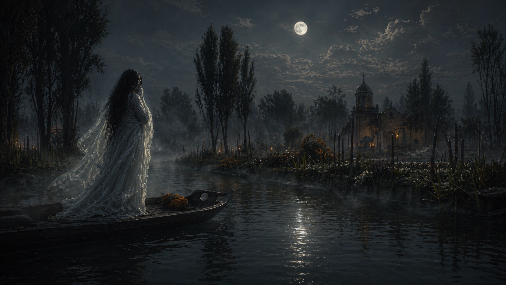 Ilustracion de contexto para La Llorona en Xochimilco, Ciudad de México. Una figura femenina velada, recortada entre neblina y agua oscura, con reflejos de luna y duelo ritual.