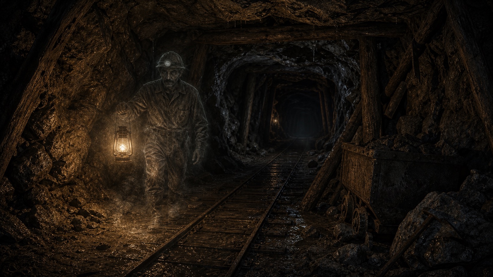 Imagen de contexto para El Minero del Socavón San Juan en El Oro de Hidalgo, Estado de México. Un minero espectral avanza con lámpara de carburo por una galería derrumbada, rodeado de humedad mineral y polvo suspendido.