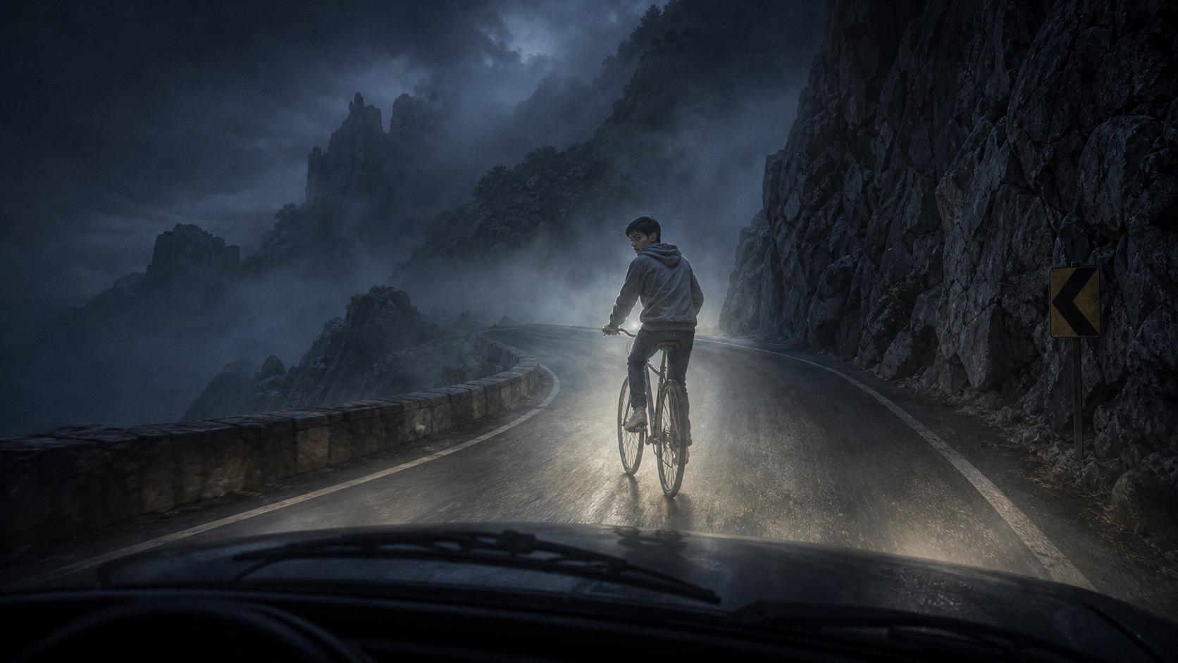 Imagen de contexto para El Muchacho de la Bicicleta de La Rumorosa en La Rumorosa, Baja California. Un adolescente en bicicleta emerge entre curvas de alta montaña y neblina, adelantándose apenas lo suficiente para salvar a un conductor.