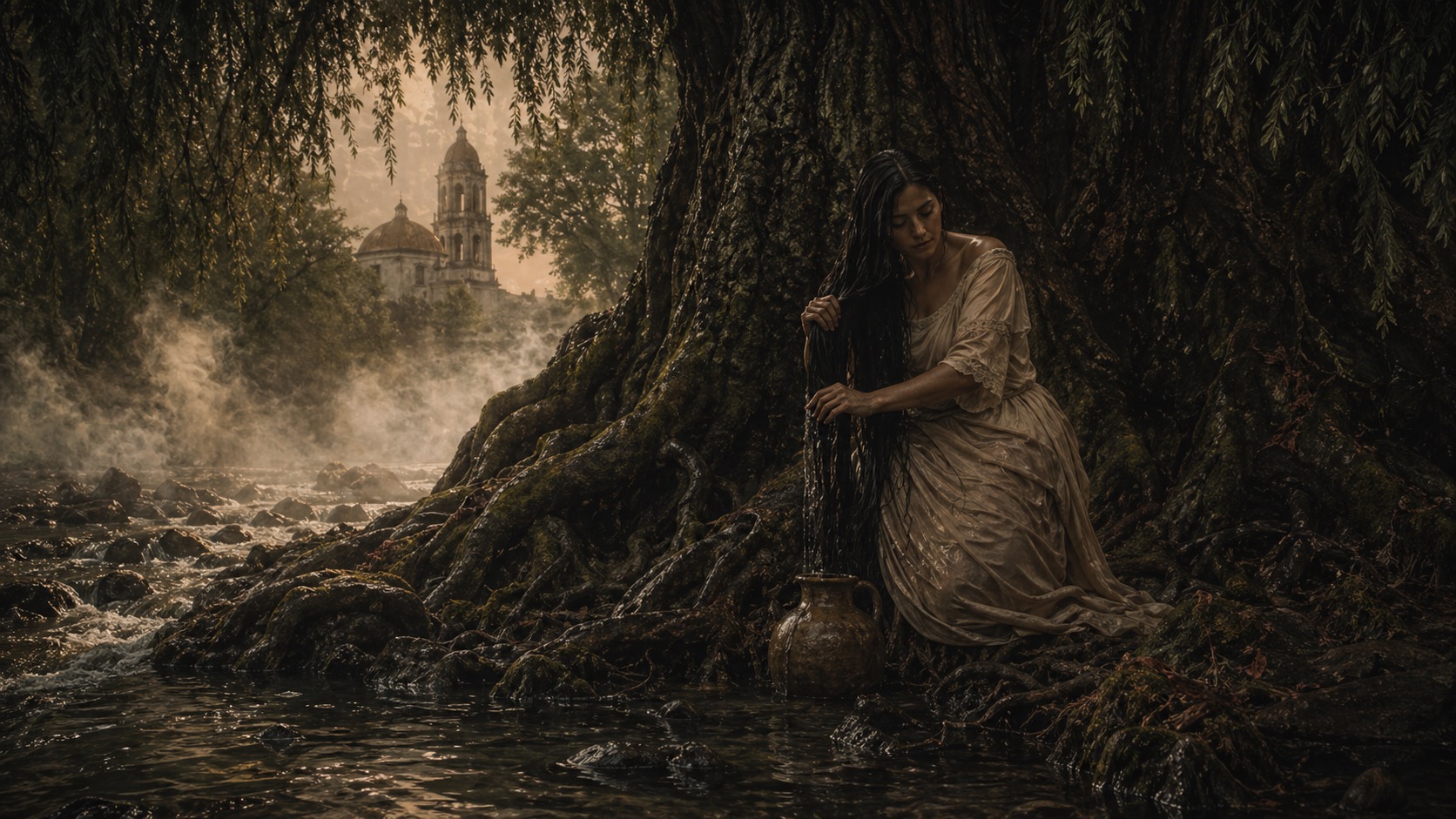 Ilustracion de contexto para La Mujer del Ahuehuete en Ozumba, Estado de México. Una mujer junto a un ahuehuete enorme peina su cabello con agua de barranca, bajo hojas humedas y melancolia verdosa.