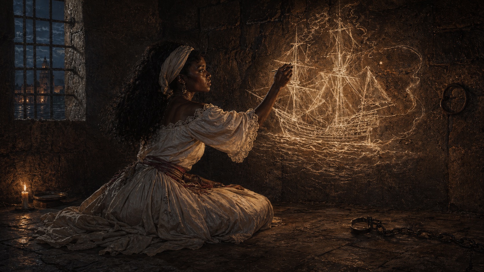 Ilustracion de contexto para La Mulata de Córdoba en Córdoba, Veracruz. Una mujer en penumbra ante símbolos rituales y una arquitectura carcelaria iluminada por una salida imposible.