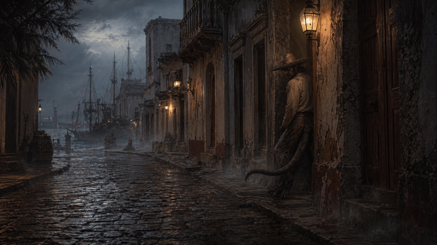 Ilustracion de contexto para El Nahual del Puerto en Veracruz, Veracruz. Una figura liminal entre humano y bestia, rodeada por sombras que parecen cambiar de forma.