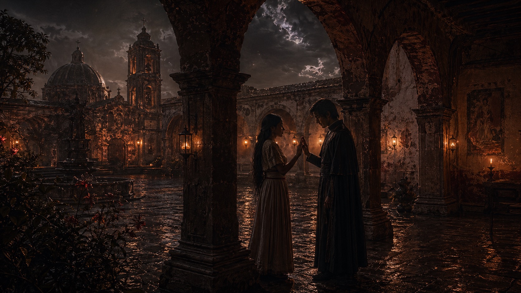 Ilustracion de contexto para Los Novios del Convento en Tlalmanalco, Estado de México. Dos amantes inmóviles, casi tocándose, suspendidos en una arquitectura de clausura y pérdida.