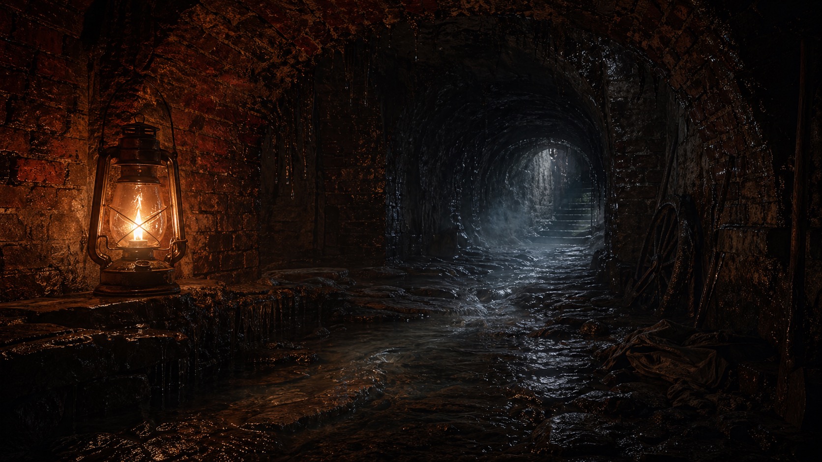 Ilustracion de contexto para Los Pasadizos de Chapingo en Texcoco, Estado de México. Un tunel subterráneo de ladrillo y humedad bajo Chapingo, con botas invisibles, farol gastado y corrientes frias entrando desde la oscuridad.
