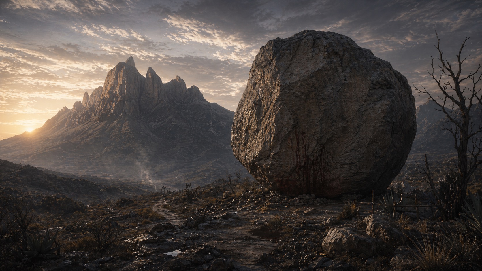 Ilustracion de contexto para La Piedra del Diablo en Monterrey, Nuevo León. Una profundidad mineral cargada de sombra y ambición, como si una promesa quedara enterrada en la montaña.