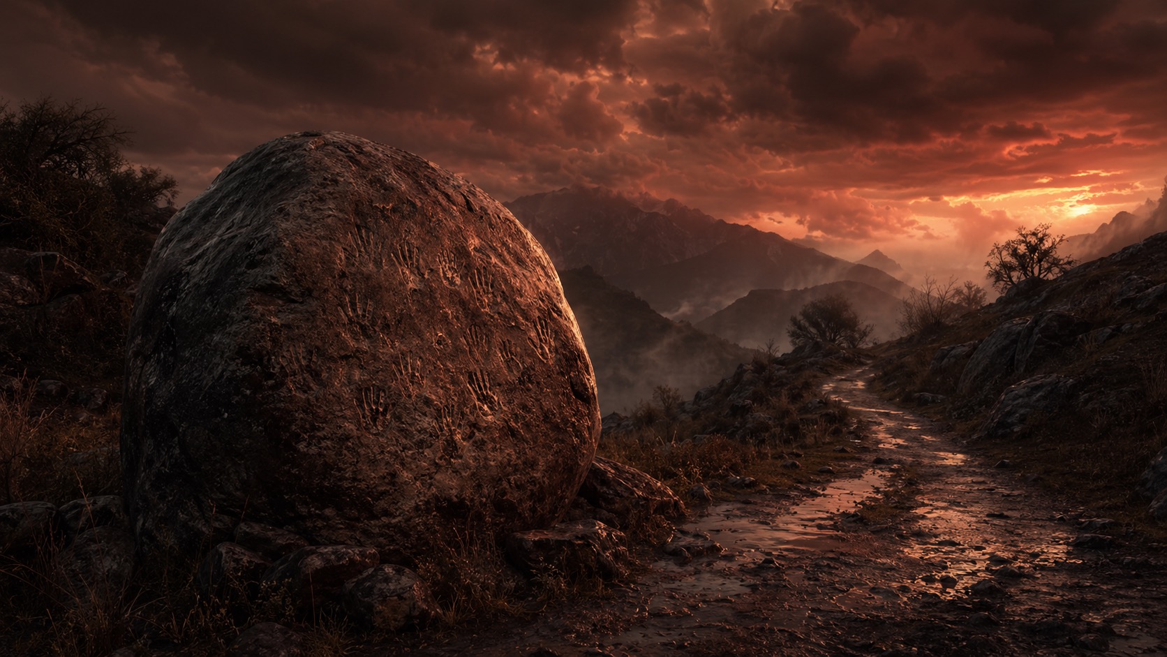 Ilustracion de contexto para La Piedra del Juramento en Tlalmanalco, Estado de México. Una roca solitaria junto al camino de montaña, marcada por manos y promesas antiguas, bajo un cielo frio que sugiere castigo inminente.