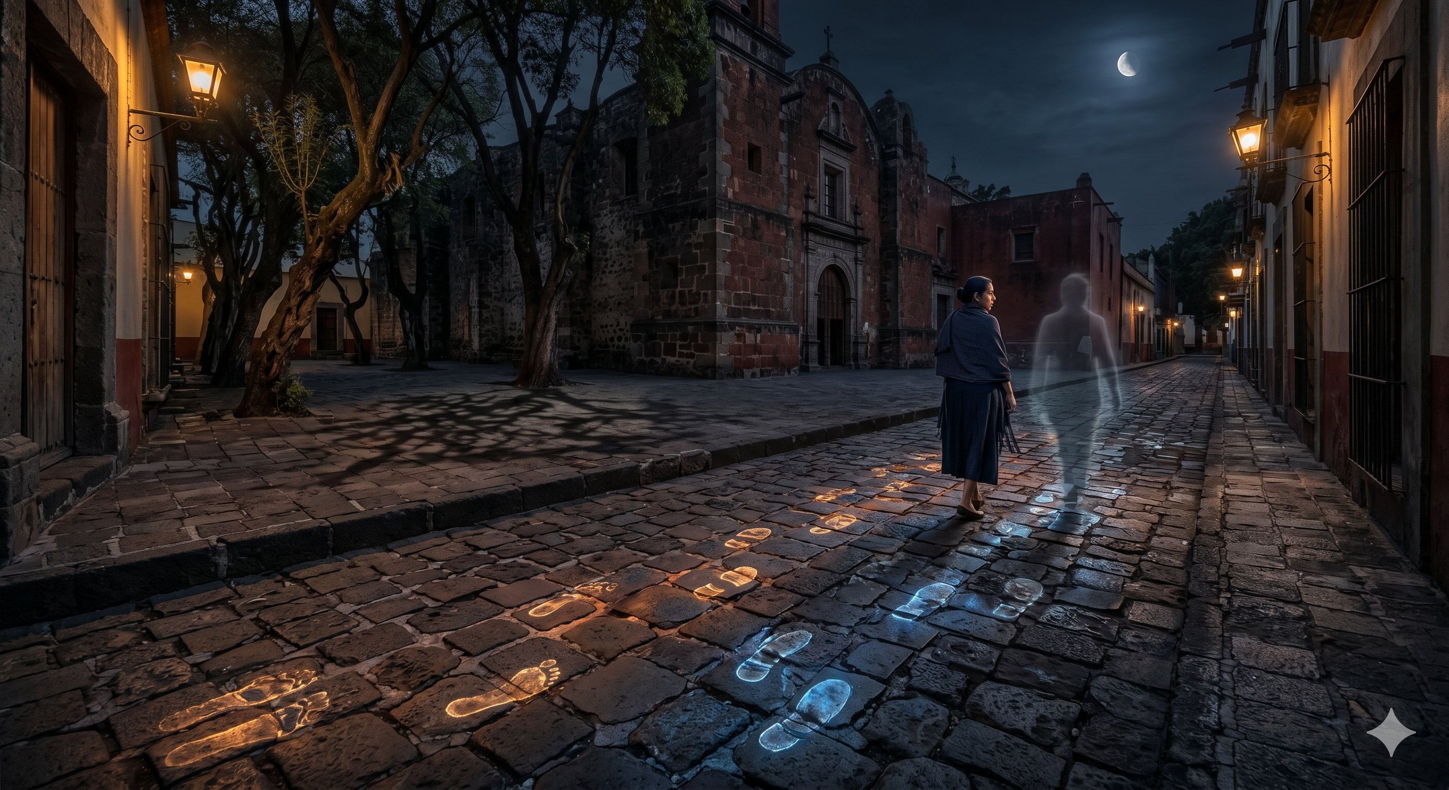 Imagen de contexto para La piedra que escucha en Santa Catarina en Coyoacán, Ciudad de México. Escena editorial de La piedra que escucha en Santa Catarina en Jardín Santa Catarina 10, Coyoacán: piedras volcanicas que guardan pisadas del antiguo Camino Real y las devuelven al anochecer.