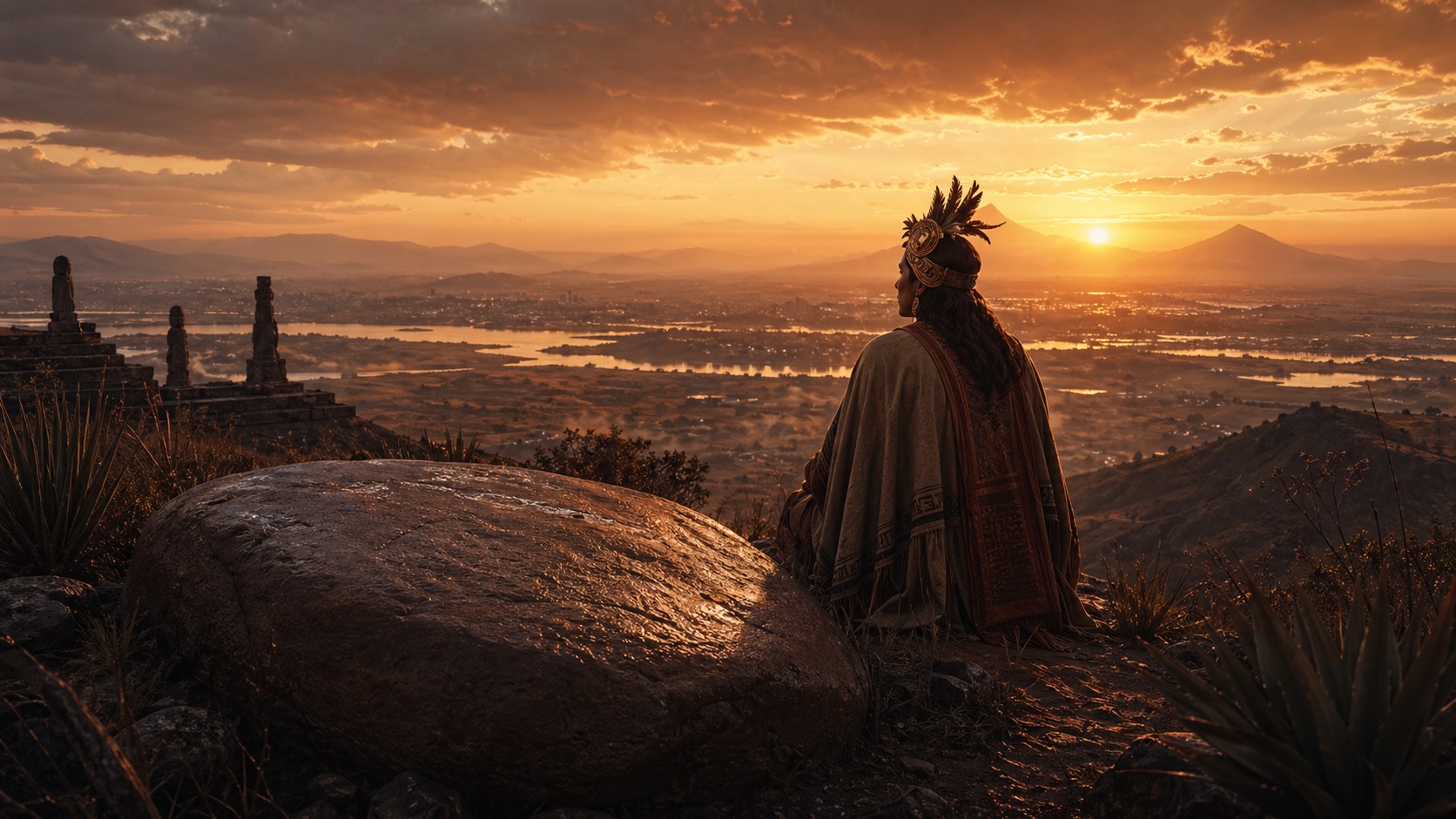 Ilustracion de contexto para La Piedra del Rey Poeta en Texcoco, Estado de México. Una piedra lisa al amanecer en los cerros de Texcoco, con silueta regia y un horizonte contemplativo cargado de memoria prehispanica.