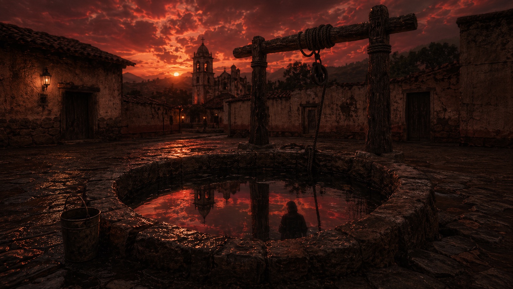 Ilustracion de contexto para El Pozo de los Espejos en Atlaultla, Estado de México. Un pozo comunal antiguo al atardecer rojo refleja un destino ajeno en su agua inmovil, rodeado de adobe y silencio expectante.