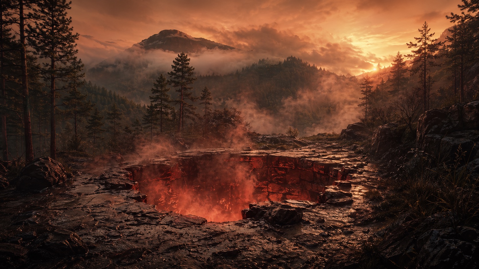 Ilustracion de contexto para La Puerta del Infiernillo en Tlalmanalco, Estado de México. Una hondonada de piedra entre pinos humedos exhala vapor rojizo al amanecer, como si una grieta al inframundo respirara bajo la sierra.