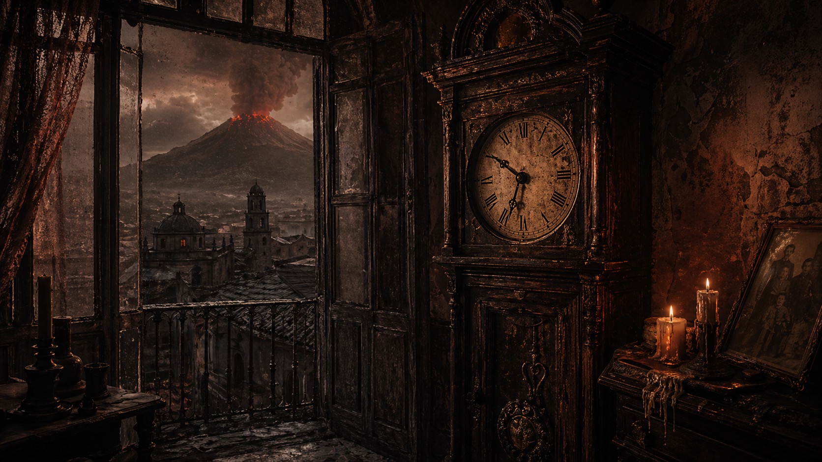 Ilustracion de contexto para El Reloj que se Detuvo con la Ceniza en Ozumba, Estado de México. Un reloj antiguo detenido en una casona oscura mientras la ceniza del Popocatepetl se posa sobre tejados y ventanas cerradas.