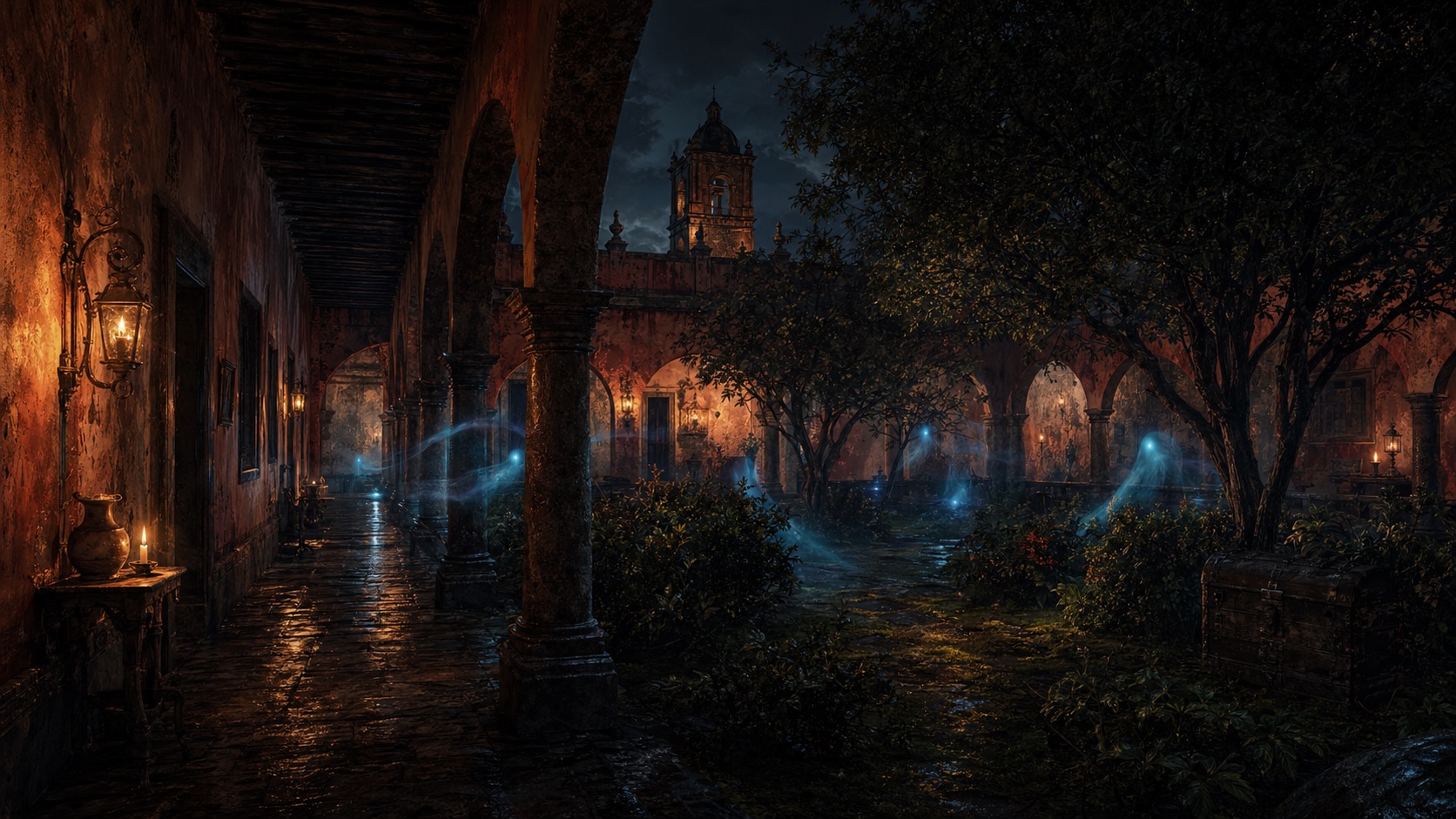 Ilustracion de contexto para El Resplandor de Panoaya en Amecameca, Estado de México. Corredores de hacienda y jardines humedos atravesados por luces azules, con memoria virreinal y un arcon oculto sugerido al fondo.