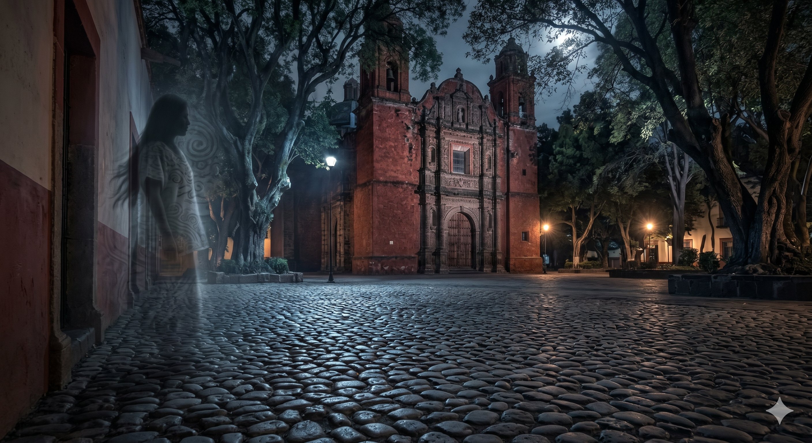 Imagen de contexto para La sombra de la Malinche en La Conchita en Coyoacán, Ciudad de México. Escena editorial de La sombra de la Malinche en La Conchita en Plaza de la Conchita, Coyoacán: una presencia femenina vinculada a las primeras casas de Cortés y al rumor de una ciudad naciente.