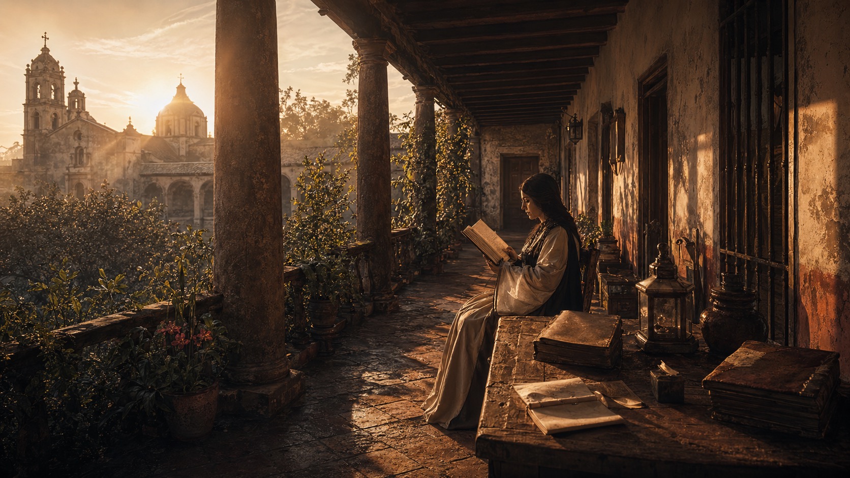 Ilustracion de contexto para La Sombra de Sor Juana en Nepantla, Estado de México. Una figura femenina leyendo al alba en el corredor de una casa novohispana, bañada por luz dorada y silencio de manuscritos.