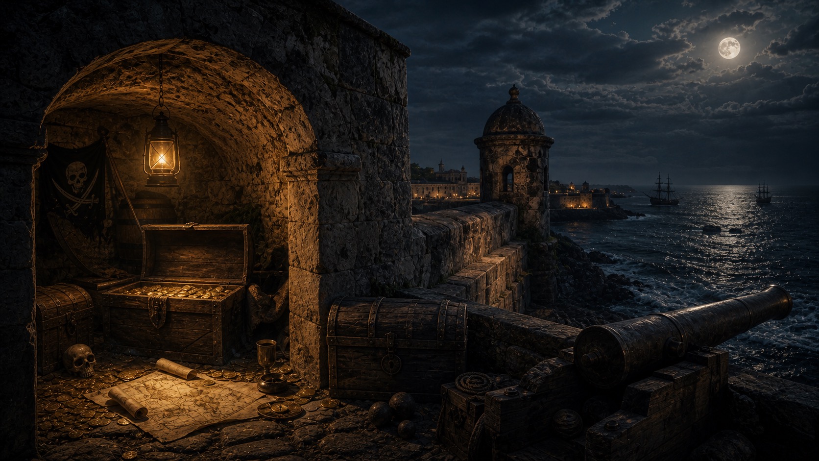 Imagen de contexto para El Tesoro del Pirata de Campeche en San Francisco de Campeche, Campeche. Un baluarte junto al mar guarda cofres, mapas y faroles en penumbra, con la costa campechana convertida en escenario de codicia y secreto.