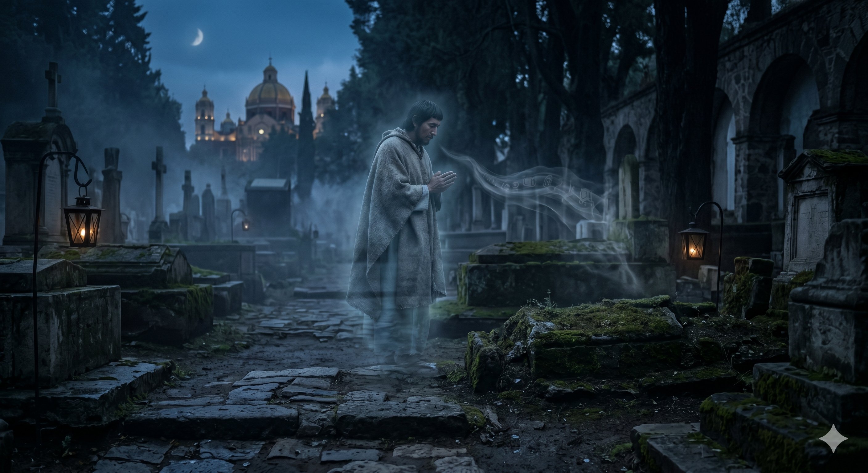 Imagen de contexto para La tumba que busca Juan Diego en Gustavo A. Madero, Ciudad de México. Escena editorial de La tumba que busca Juan Diego en M. Salas s/n, Villa Gustavo A. Madero, Gustavo A. Madero: un cementerio que conserva la versión antigua de una sepultura imposible de verificar.