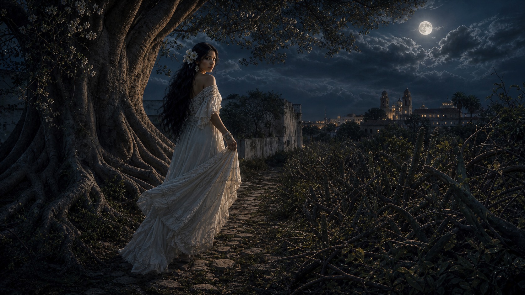 Imagen de contexto para La Xtabay de Mérida en Mérida, Yucatán. Una mujer de belleza deslumbrante espera bajo una ceiba en la penumbra yucateca, rodeada de flores y de un monte que pronto se vuelve amenaza.